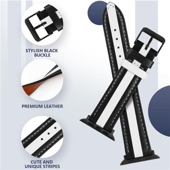 NEW Black/White Leather Apple Watch Band